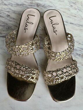Lulus Gold Woven Block Heel Slides Sandals Metallic Size 8.5
